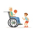 Boy playing ball with grandmother sitting in a wheelchair colorful vector Illustration