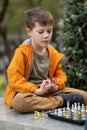 Boy playing chess outdoor. Learning strategic game. Education Royalty Free Stock Photo