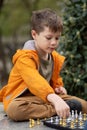 Boy playing chess outdoor. Learning strategic game. Education Royalty Free Stock Photo