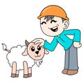 Boy is playing with cute fluffy sheep, doodle icon image kawaii