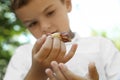 Boy playing with cute snail outdoors, focus on hand. Child spending time in nature