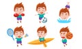 Boy Playing Different Sports Set, Boy Boxing, Playing Soccer, Badminton, Basketball, Swimming, Kayaking Vector