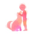 Boy playing with dog  silhouette on watercolor background. The concept of trust, friendship and pet care. Digital art painting. Royalty Free Stock Photo