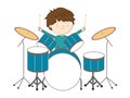 Boy playing drums isolated on white background