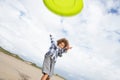 Boy playing frisbee on beach Royalty Free Stock Photo