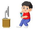 The boy is playing the game with the joystick in the television Royalty Free Stock Photo