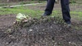 Boy is playing in the garden with a bunch of earth and old leaves.