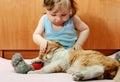 Boy playing with ginger cat house. Royalty Free Stock Photo