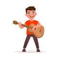 Boy is playing the guitar. Musical performance. Vector illustration in cartoon style