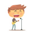 Boy playing guitar and siging, young musician cartoon vector Illustration