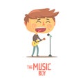 Boy playing guitar and singing, young musician cartoon vector Illustration