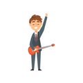 Boy Playing Guitar, Smiling Young Guitarist Character Playing Musical Instrument Vector Illustration Royalty Free Stock Photo