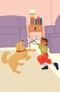 The boy playing with his dog in the living room. Happy family time. Golden retriever and the child. Royalty Free Stock Photo