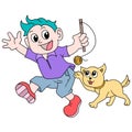 The boy playing with his pet dog was very happy, doodle icon image kawaii