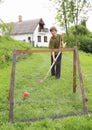 Boy playing hockey shooting goal