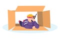 Boy playing inside the cardboard box talking radio station lay on floor, cardboard house vector cartoon people Royalty Free Stock Photo