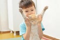 Boy playing with lazy ginger cat