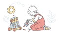 Boy Playing with Robot Toy, Creative Mechanical Fun, vector design Generative AI Royalty Free Stock Photo