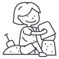 Boy playing with sand on beach or sandbox,scapula and bucket vector line icon, sign, illustration on background