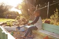 Boy Playing In Sand Box Outdoors In Garden Royalty Free Stock Photo