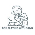 Boy playing with sand  line icon, vector. Boy playing with sand  outline sign, concept symbol, flat illustration Royalty Free Stock Photo