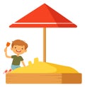 Boy playing in sandbox. Happy kid character outdoors
