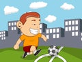 A boy playing soccer with city background cartoon Royalty Free Stock Photo