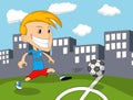 A boy playing soccer on the field cartoon