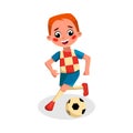 Boy Playing Soccer, Kid Practicing Sports Game, Doing Physical Exercise, Active Healthy Lifestyle Concept Cartoon Style Royalty Free Stock Photo