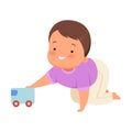 Boy is playing with a toy car. Vector illustration on a white background.