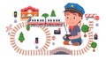 Boy playing with toy railway road, train locomotiv