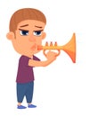 Boy playing trumpet. Kid blowing brass horn