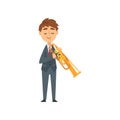 Boy Playing Trumpet, Talented Young Trumpeter Character Playing Musical Instrument at Concert of Classical Music Vector