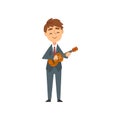 Boy Playing Ukulele, Talented Young Musician Character Playing Acoustic Musical Instrument Vector Illustration Royalty Free Stock Photo