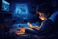 Boy playing video game in his bedroom at night. Fantasy illustration, Boy playing a video game, sitting on the floor in his room Royalty Free Stock Photo