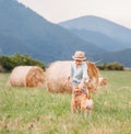 Boy plays with dog on the field with hayroll