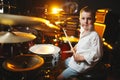 Boy plays drums in recording studio Royalty Free Stock Photo