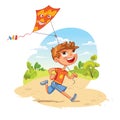 Boy plays with a kite in the park. Funny cartoon character