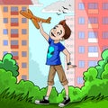The boy plays with the plane. The boy plays in the yard. Colored illustrations for coloring. Royalty Free Stock Photo