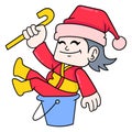 Boy plays the role of santa claus welcomes christmas and new year, doodle icon image kawaii