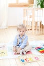 The boy plays with wooden toys at home. Educational wooden toys for the child. Portrait of a boy sitting on the floor in the child Royalty Free Stock Photo