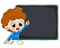 Boy pointing a blackboard at school