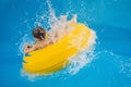 Boy on a pool float on artificial waves in a water park Royalty Free Stock Photo