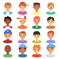 Boy portrait vector male kids character face of guy with hairstyle and cartoon manlike person with various skin tone Royalty Free Stock Photo