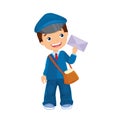 Boy postman in blue uniform holds letter Royalty Free Stock Photo