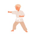 Boy practicing karate. Cute kid doing taekwondo exercises. Child training in kimono with white belt. Junior sports