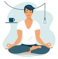 Young man sits at home with closed eyes enjoying meditation. The guy is doing yoga, mindfulness, breathing control. The