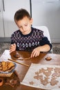 A boy prepares gingerbread cookies in the kitchen. Christmas family traditions. Leisure of the child during the New Royalty Free Stock Photo