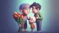 The boy presents his grandmothers with flowers Royalty Free Stock Photo
