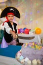 Boy pretending to be as pirate during birthday party Royalty Free Stock Photo